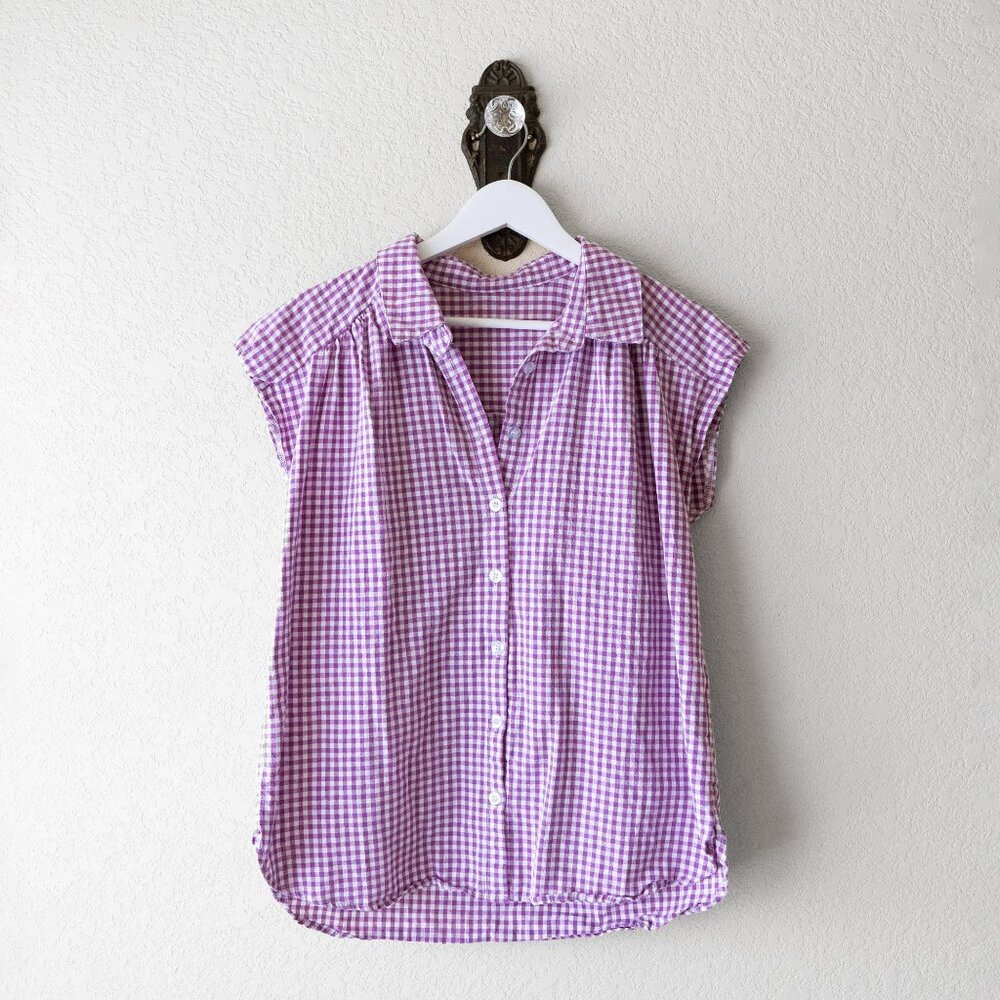 Lomon Purple White Gingham Button Front Top Women’s M Cotton Sleeveless - Picture 2 of 10